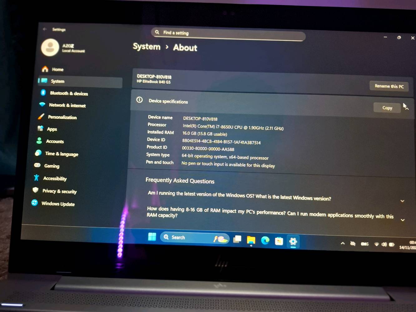 السلام عليكم 
لابتوبHP  الشكل الحديث ويندوز 11 pro 
للبيع 
المواصفات بالصور 
cori7 الجيل الثامن 
رام 16GB 
64 bit 
السعر 450 الف وبيها مجال 
رقمي للاتصال والاستفسار *********** 
مكاني ميسان