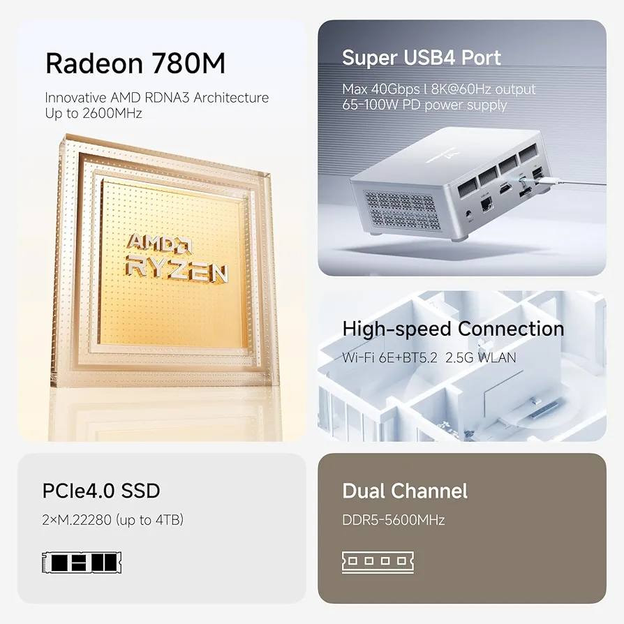 MINISFORUM UM870 SLIM mini pc ميني بيسي 
مواصفات قويه للمهندسين واصحاب الاعمال.... 
معالج RYZEN 7 8740HS تخزين 1TB M. 2 GEN 4
رامات  16GB DDR5 5600MHZ
 كرت شاشه مدمج RADEON 780M 
جديده غير مستخدمه وبضمان السعر 680 الف 
متوفر توصيل لجميع المحافظات ***********
