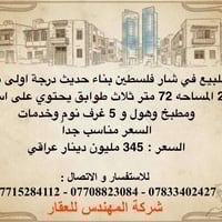 دار للبيع في شار فلسطين بناء حديث درجة اولى مودرن 2025 المساحه 72 متر ...