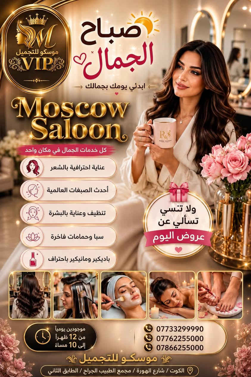 ✨ صالون موسكو  للتجميل – الكوت
أحدث أجهزة التجميل • كادر نسائي متخصص • نتائج تليق بجماك 

    تجربة جمال بمعايير عالمية

    وجهتكِ الأولى للجمال في الكوت

صالون سبا موسگو
MOSCOW SPA SALOON

الجمال… لغةٌ لا تحتاج إلى كلمات.
والفخامة تبدأ من أدقّ التفاصيل.

Luxury • Beauty • Timeless Elegance

📍 الكوت – شارع الهورة
مجمع الطبيب الجراح – الطابق الثاني

📞 ***********
📞 ***********
سبا موسگو للتجميل

على إنستغرام 
https://www.instagram.com/mosco.spa.saloon?igsh=YzQ1OGh0eW1rYW1t

علىً الفيس بك سبا موسگو 
https://www.facebook.com/share/g/1HoiMXH5Sz/?mibextid=K35XfP

العنوانً لمركز سبا موسگو :-
