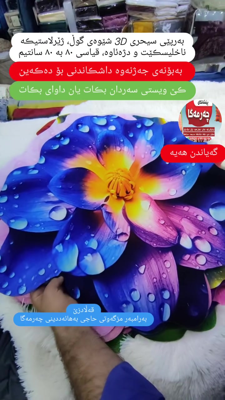 جوانترین و تازەترین مۆدێلی بەرپێی سیحری 3D شێوەی گوڵ ژێرلاستیڪی دژەئاو
21 نەخش و ڕەنگی جیاواز بەردەستە.
سەردانمان بڪەن یاخود داوای بڪەن گەیاندن هەیە بۆ سەرجەم شارو شارۆچڪەڪان. 
ناونیشان:قەڵادزێ ، بەرامبەر مزگەوتی حاجی بەهائەددینی چەرمەگا
***********
