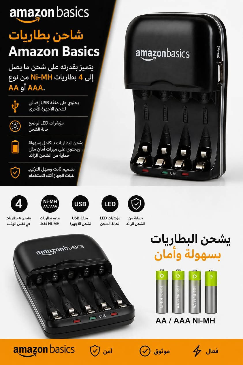 شاحنه بطاريات 4 قطع 
شاحن بطاريات ( قطعة واحده )
1. شاحن البطاريات الذكي MiBoxer C4-12، وهو شاحن سريع أوتوماتيكي بالكامل.يتميز الجهاز بقدرته على شحن ما يصل إلى 4 بطاريات في وقت واحد وبشكل مستقل.تصل سرعة الشحن إلى 3 أمبير لكل فتحة، مع حد أقصى إجمالي قدره 12 أمبير.يحتوي على شاشة LCD لعرض معلومات الشحن والتعرف تلقائياً على نوع البطارية.
 ( متوفر قطعة واحدة )👆
2. شاحن بطاريات Amazon Basics  (قطع 3 )
 يتميز بقدرته على شحن ما يصل إلى 4 بطاريات Ni-MH من نوع AA أو AAA.يحتوي الجهاز على منفذ USB إضافي لشحن الأجهزة الأخرى، بالإضافة إلى مؤشرات LED توضح حالة الشحن.يشحن البطاريات بالكامل بسهولة سلاسه
، ويحتوي على ميزات أمان مثل حماية من الشحن الزائد.يتضمن الجهاز قابسًا ثابت لسهولة تشحن وثبات والامان
(متوفر 3 قطع )


**إذا كنت صاحب هذا الإعلان وتريد حذفه لأي سبب، رجاءا أرسل رسالة إلى الدعم الفني**