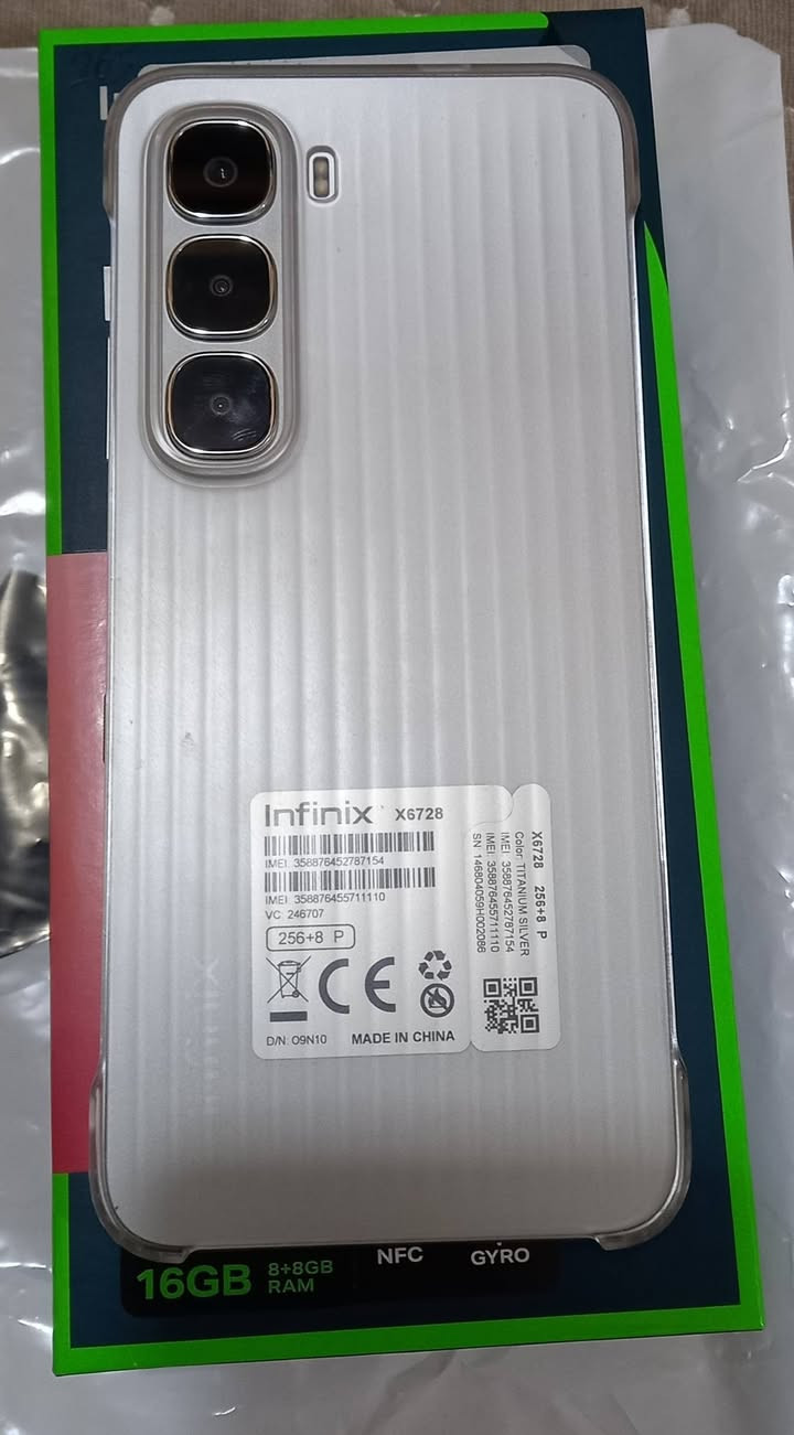 HOT 60      سعر 200 وبمي مجال يراسلون على الواتساب***********
45W FastCharge Supported

5160mAh Durable Battery

Helio G81 Ultimate 48-Month Fluency

7.7mm Slim Frame

Color-Pop Design

GyroPro Navigation Lane-Level Accuracy

Adaptive One-Tap Infinix Al and More

NFC Touch Transfer

Send Files in a Flash

45W fast charging supported (in-box charger output varies by region). Check local specs.

Processor: MediaTek Helio GB1 Ultimate

Display: 120Hz 6.7" HD+720*1600 700nit-HBM

Battery: 5160mAh 45W Supported

Network: 4G/3G/2G

OS: Powered by Android™ 15

Connection: NFC Supported

Memory: 256GB+8GB(UP TO 16GB)

Front Camera: 8MP

Rear Camera: 50MP, Light Sensor

Dimensions: 166.0mm*76.6mm*7.7mm
