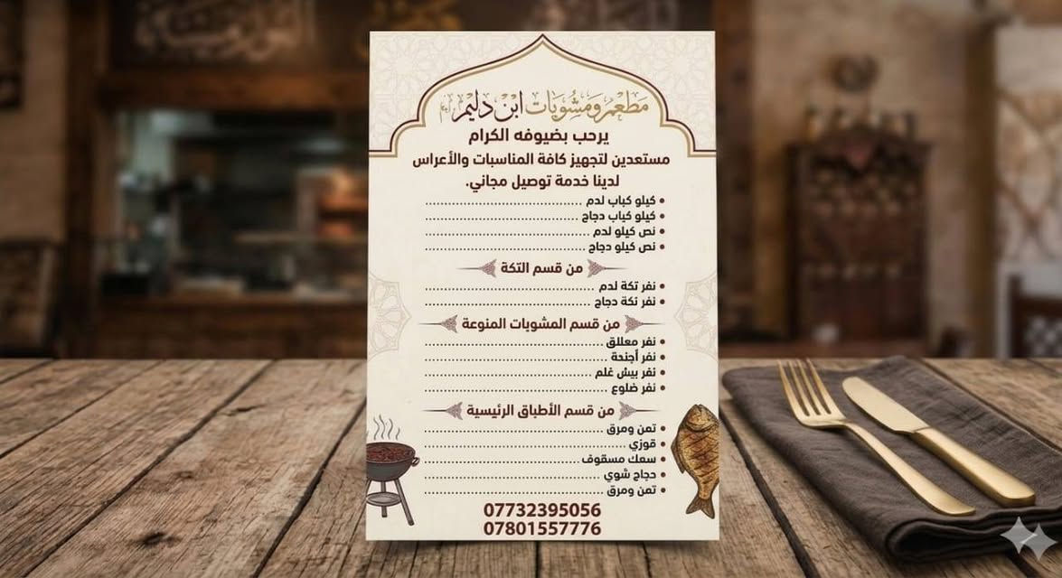 مطعم ومشويات ابن دليم
نرحب بضيوفنا الكرام مستعدين لتجهيز كافة المناسبات حتى الاعراس توجد لدينا الاكلات الشرقيه والغربيه موقعنا الخالدية بداية شارع ابو فليس مجاور اسواق الحنين متواجدين في جميع  ايام الاسبوع من الساعة الثامنة صباحا وحتي العاشرة ليلا كما توجد لدينا خدمة توصيل مجاني 
بأدارة فارس ابو وسيم 
للحجز والطلب 
***********
***********
