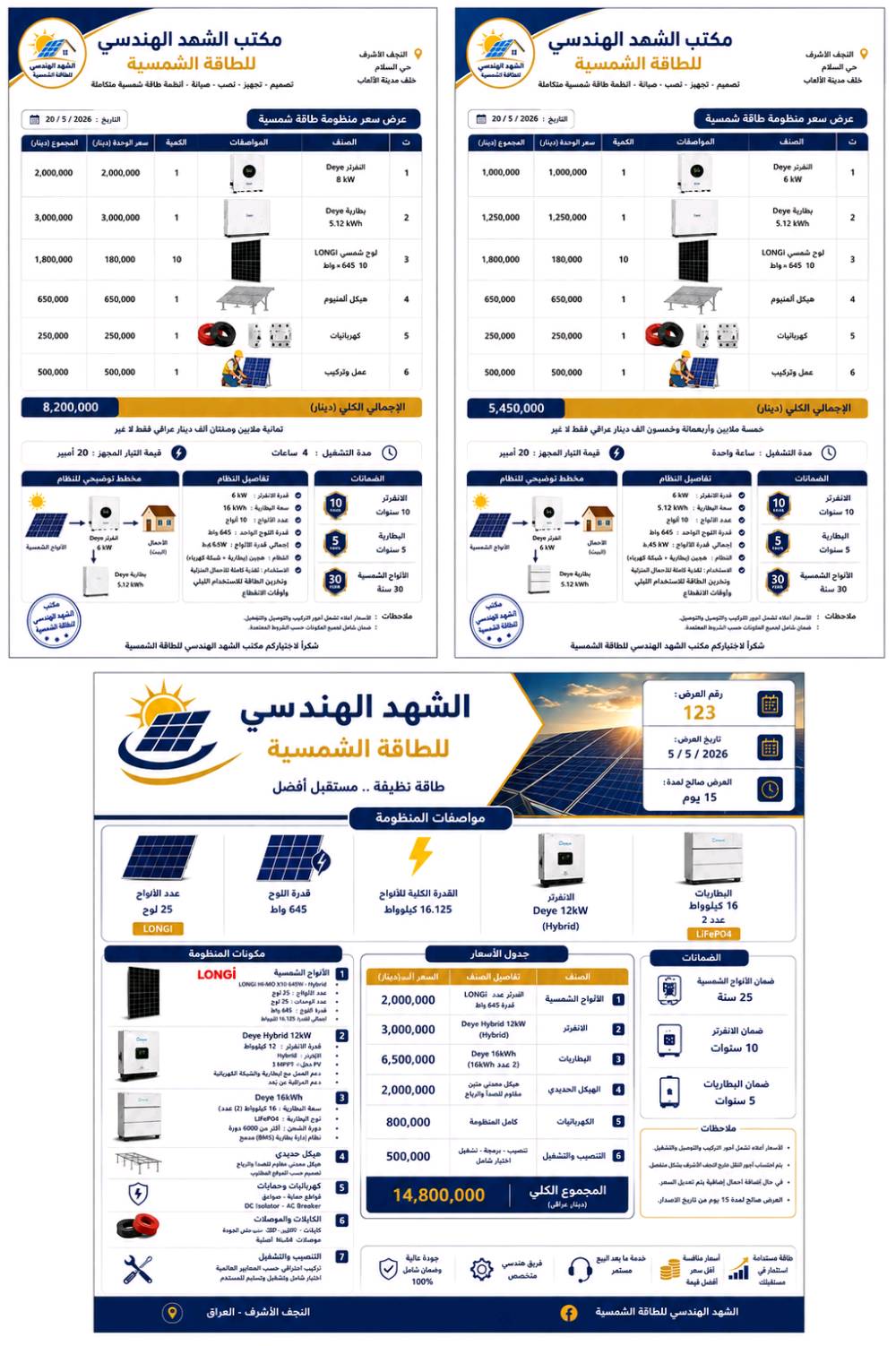 ☀️ استثمر في طاقة المستقبل ووفر فاتورة الكهرباء مع أنظمة الطاقة الشمسية.
نوفر منظومات طاقة شمسية متكاملة بأفضل الأسعار، مع تجهيز وتركيب احترافي، وكفالة حقيقية، وخدمة ما بعد البيع.
✅ يتوفر البيع نقدًا وبالتقسيط وفق الشروط.
✅ استشارة مجانية لاختيار المنظومة المناسبة لمنزلك أو مشروعك.
📲 للتواصل والاستفسار عبر واتساب:
***********
🌞 الشهد الهندسي للطاقة الشمسية
طاقة نظيفة... مستقبل أفضل.
وين موقعكم بالضبط بالعراق؟ وأي محافظة/منطقة ممكن توصلون إلها للتركيب؟: 
النجف 
تگدرون تكتبون الموديلات الكاملة والماركات لكل قطعة: الانفرتر، البطاريات، الألواح، وباقي الملحقات؟: 
موجوده 