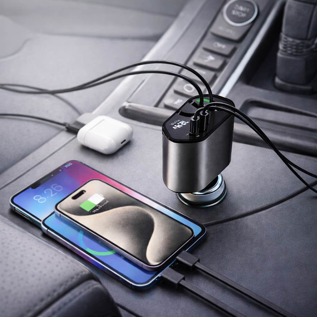 شاحن سيارة سريع 4 في 1 بكيبلات قابلة للسحب – قدرة حتى 120W

• شاحن سيارة عملي بتصميم ذكي 4 في 1 مزوّد بكيبلات قابلة للسحب، يتيح شحن عدة أجهزة بسهولة داخل السيارة مع تنظيم أفضل للأسلاك.

• 4 منافذ شحن في جهاز واحد
يدعم شحن عدة أجهزة بفضل وجود منافذ USB و Type-C بالإضافة إلى الكيبلات المدمجة.

• كيبلات شحن تلسكوبية قابلة للسحب
تصميم Retractable يساعد على تقليل الفوضى داخل السيارة مع إمكانية سحب وإرجاع الكيبل بسهولة.

• إمكانية شحن حتى 4 هواتف في نفس الوقت
مناسب للاستخدام العائلي أو أثناء السفر بفضل تعدد المنافذ والكيبلات.

• زاوية دوران حتى 180°
رأس الشاحن قابل للتعديل بحرية حتى 180 درجة لسهولة الاستخدام داخل منفذ السيارة.

• حماية مدمجة أثناء الشحن
مزود بحماية من التيار الزائد و الدوائر

 • النوع: شاحن سيارة 4 في 1
 • القدرة القصوى: 120W
 • طول الكيبل القابل للسحب: 800 مم
 • خرج iPhone: 5V / 2.4A
 • خرج USB: 5V / 2.4A
 • خرج Type-C: حتى 100W (Super Fast Charging)
 • خرج كيبل USB-C: 5V / 3A
 • الجهد المدخل: 12V – 24V
 • الأبعاد: 139 × 65 × 34.5 مم
 • المادة: ABS + PC
 • القدرة الاسمية: Max 120W بغداد, العراق


**إذا كنت صاحب هذا الإعلان وتريد حذفه لأي سبب، رجاءا أرسل رسالة إلى الدعم الفني**