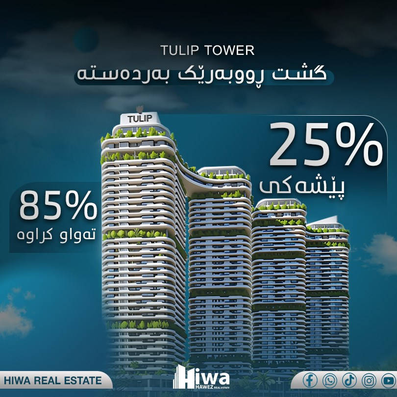 Tulip Tower
-------------

گەورەترین پارکی شار لەبەر دەم ماڵەکەت بێت، یانی هەموو بەیانییەک هەلی وەرزشکردن و پیاسەیەکی تەندروستت هەیە. لە تولیپ تاوەرز، پارکی سامی عەبدولڕەحمان بووەتە باخچەی تایبەتی ماڵەکەت

بە پێشەکی 25٪

گشت ڕووبەرەکانی لامان بەردەستە
 ڕووبەرەکان:
-----------
97M--1+1
103M--1+1
158M--1+1
---
194M--2+1
197M--2+1
236M--2+1
--
230M--3+1
238M--3+1
--
240M--4+1
255M--4+1
-------------------
ناونيشان: هەوليّر - شەقامى 40 مه ترى - به رامبەر پاركى سامى
عبدالرحمن

بۆ زانیاری زیاتر یان ناو تۆمارکردن
***********
--------------------------------------------
عربی:
وجود أكبر حديقة في المدينة على مقربة منك يتيح لك فرصة ممارسة الرياضة والتنزه كل صباح. في أبراج توليب، أصبحت حديقة سامي عبد الرحمن حديقتك الخاصة

دفعة أولى ٢٥٪

المساحات:
------------
97M--1+1
103M--1+1
158M--1+1
---
194M--2+1
197M--2+1
236M--2+1
--
230M--3+1
238M--3+1
--
240M--4+1
255M--4+1
-------------------
العنوان: اربيل - شارع 40 متر - مقابل حديقة سامي عبد الرحمن

 للمزيد من المعلومات أو للتسجيل
***********
