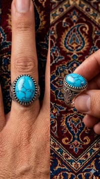 💎 خاتم فيروز نيشابوري فاخر 💎 الحجر: فيروز طبيعي بعروق ذهبية خرائطية فر...