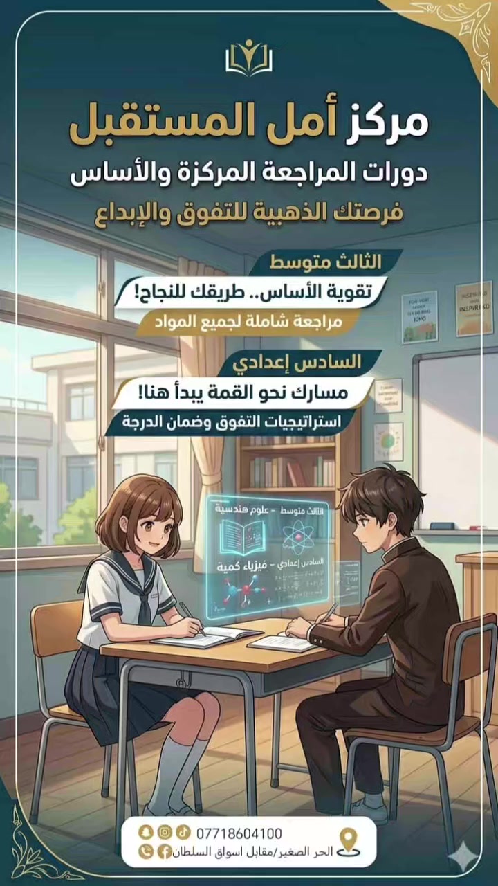 طريقك نحو "المعدل" يبدأ من المراجعة الذكية! 🚀
إلى طلبتنا الأعزاء في الصف السادس الإعدادي والثالث المتوسط.. الوقت يمر، لكن الفرصة لا تزال قائمة!
يعلن مركز أمل المستقبل عن فتح باب التسجيل في "دورة المراجعة المركزة الشاملة" لضمان النجاح والتفوق.
لماذا تختار مراجعتنا؟
 * ✅ شرح الأفكار الوزارية المكررة والتركيز على نمط الأسئلة.
 * ✅ ملازم ملخصة تشمل أهم الفصول والتمارين.
 * ✅ امتحانات يومية وأسبوعية تحاكي الأجواء الوزارية لكسر حاجز الخوف.
 * ✅ كادر تدريسي متمكن وخبير في إيصال المعلومة
 بأقصر الطرق.
📍 العنوان: كربلاء - الحر الصغير / مقابل اسواق السلطان 
يوجد خط من المناطق القريبة 
📞 للحجز والاستفسار: [ ***********]
مستقبلك أمانة.. ونحن هنا لنصونه.
 #الحر_الصغير #رياضيات #قراءة_كتابة #دورات_تدريبية
