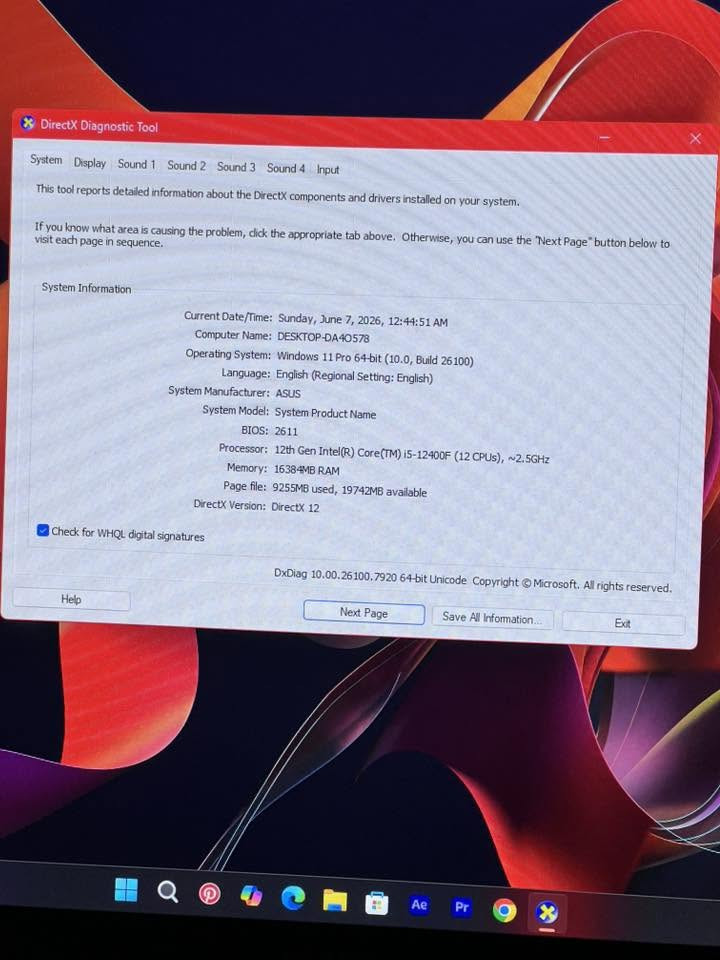 * نظام التشغيل: Windows 11 Pro 64-bit (Build 26100)
* الشركة المصنعة للوحة: ASUS
* إصدار BIOS: 2611
* المعالج: Intel Core i5-12400F الجيل 12
    * 12 Threads
    * سرعة أساسية تقريبية 2.5GHz
* الذاكرة (RAM): 16GB (16384MB)
* DirectX: الإصدار 12

ملخص الجهاز:

* CPU: Intel Core i5-12400F
* RAM: 16GB
* OS: Windows 11 Pro 64-bit
* DirectX 12
* Motherboard: ASUS

الاستفسار ‭0772 653 1559‬
متواجد واتساب العنوان بغداد
