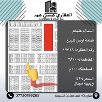 قطعة ارض للبيع   رقم العقار:- ١٢٣١٦  المقاطعة:- ٢/١٠  المساحة:-١٠٠م  ا...