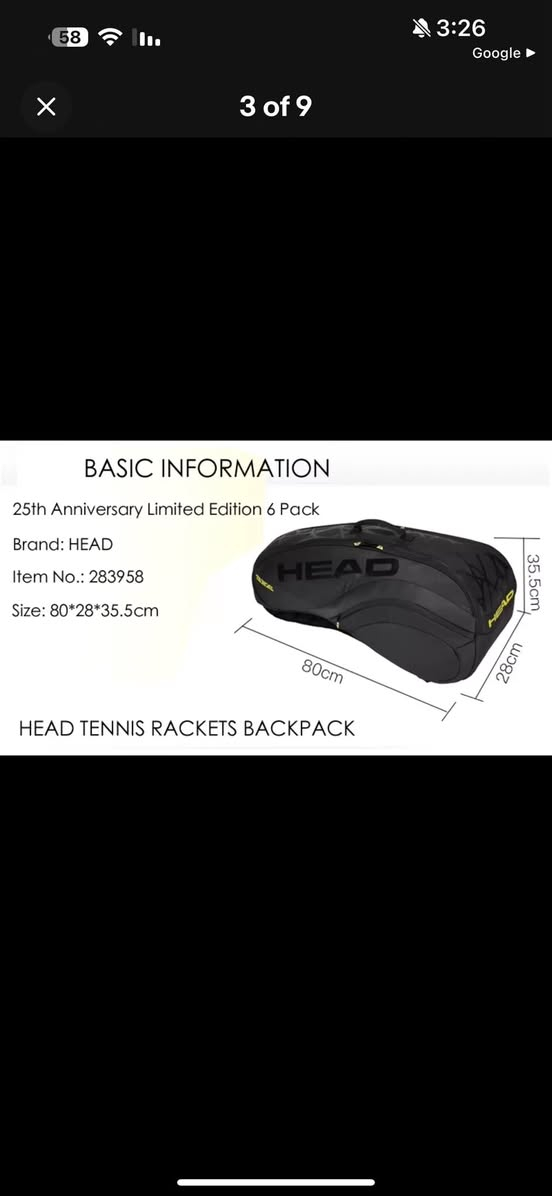 Genuine HEAD 6 Pack Tennis Bagb Black Radical25th Anniversary 
Limited Editio Bag

حقيبة تنس أصلية من هيد، مضارب 6 قطع، حقيبة راديكال سوداء، إصدار محدود بمناسبة الذكرى السنوية الخامسة والعشرين

السعر 125 الف


**إذا كنت صاحب هذا الإعلان وتريد حذفه لأي سبب، رجاءا أرسل رسالة إلى الدعم الفني**