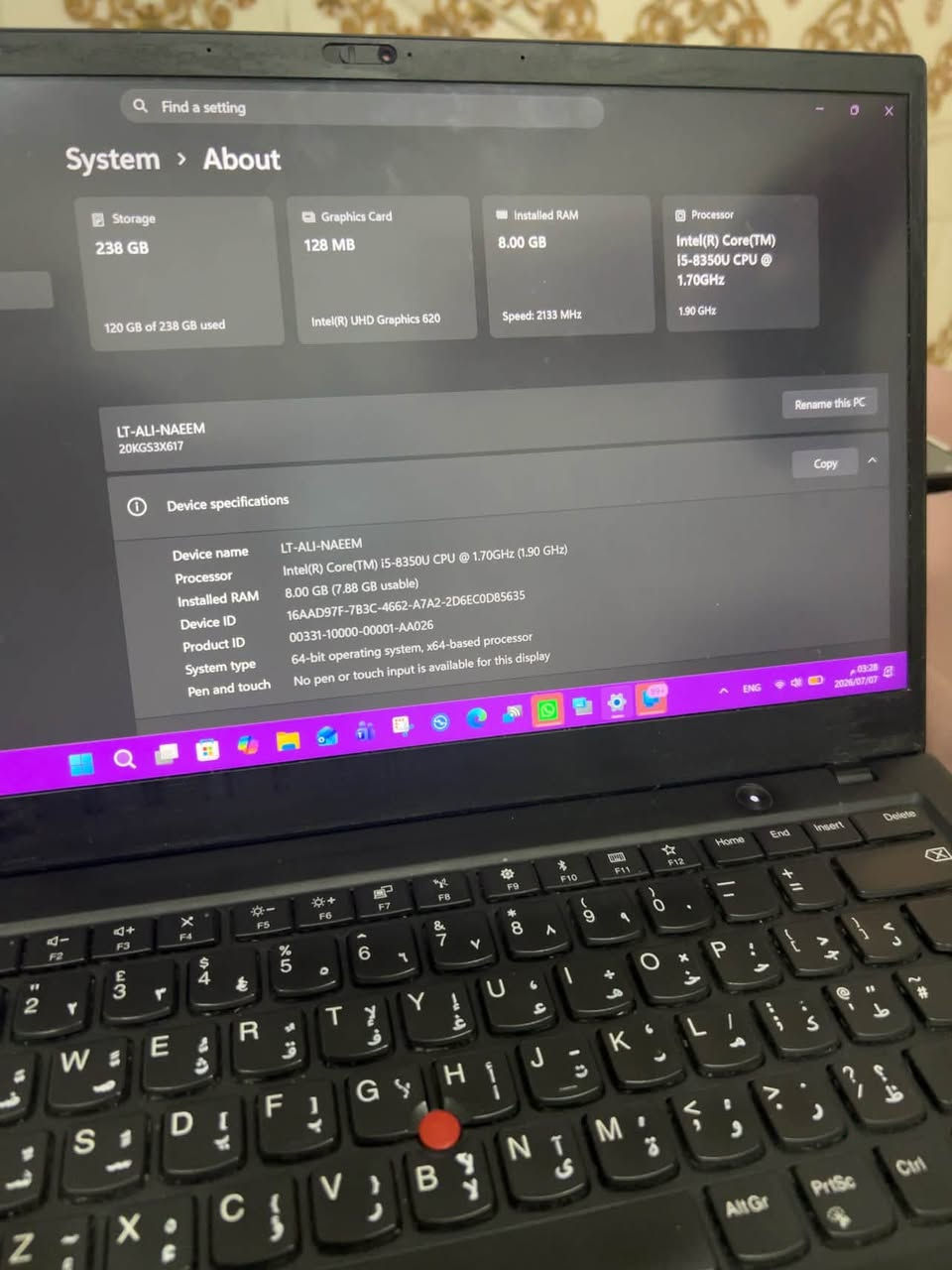� للبيع لابتوب Lenovo ThinkPad – مواصفات ممتازة 🔥

✅ المعالج: Intel Core i5-8350U (جيل ثامن)
✅ الرام: 8GB DDR4
✅ الهارد: SSD 256GB سريع
✅ كرت الشاشة: Intel UHD Graphics 620
✅ النظام: Windows 11 Pro أصلي
✅ الحالة: نظيف جدًا ويعمل بدون أي مشاكل.

مناسب للدراسة، الدوام، الأوفيس، المحاسبة، التصفح، والبرامج اليومية، مع سرعة ممتازة بفضل الـ SSD

مكاني لامين الثانيه *********** تجي تفحص وتقتنع اله تاخذه توصيل ماعندي 

السعر 330 الف وبي مجال حته الجنطه ويا عراضه كامله
