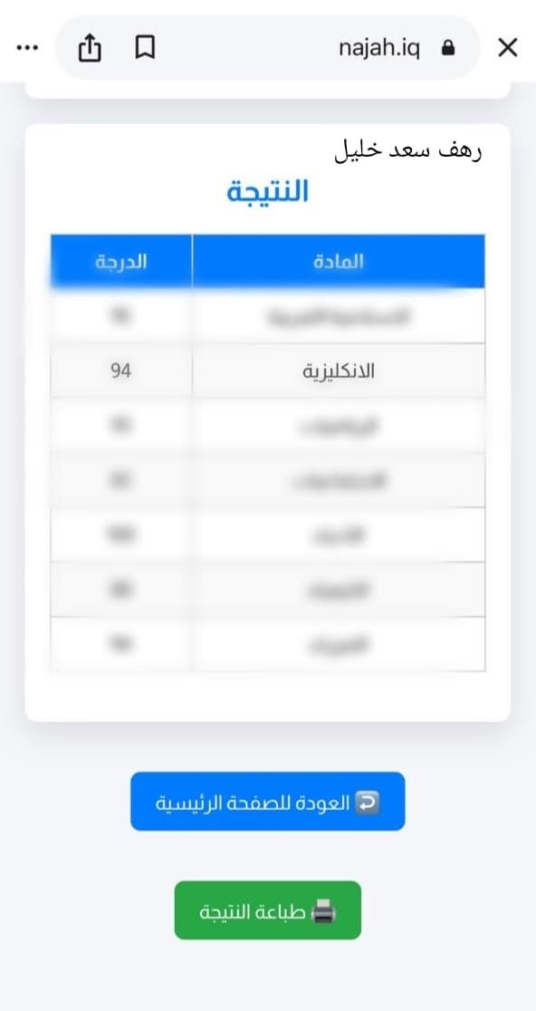الحمدالله دائما الف الف مبروك للطلاب الناجحين
 اني ست فاطمه ستار مدرسة خصوصي لغة انكليزية هذه درجات طلابي مادة اللغة الانكليزية للصف ثالث متوسط للسنة الدراسية ٢٠٢٥ _٢٠٢٦ نسبة النجاح 100%  باقي مقاعد قليله الراغبين  بالتسجيل الاتصال على *********** يوجد خط سيارة
العنوان خانقين /حي الموظفين قرب اعدادية الاخاء
هذه درجات طلابي مع اسم الطالب والمدرسة
متوسطة اضواء خانقين
كرار سيروان باومراد ٩٩
سجاد احمد حاج ٩٨
علي حيدر عبدالله ناجح
سجاد حسن سالم ١٠٠ متوسطة جرير
محمد عباس محمد ٩١ متوسطة ازادي
معتز زهير احمد ٩١ متوسطة ازادي
متوسطة كانياو
ملاك علاء رعد ١٠٠
زينب حسن شريف ٩٨
جنات وسام محمود ٩٣
مرسى خالد جمال ٩٢
بنين علي حسن ٧٥
متوسطة جبار فرمان
زهراء نبيل عبدالله ٩٨
زهراء محمد اسماعيل ٩٧
رهف سعد خليل ٩٤
جنة فلاح حسن ٨٥
رقية ارام  علي٨٥
بنين عباس صباح ٨٤
محمد عباس احمد ٩٢
صالح اركان ولي ٨٢
رقية زهير الماس ٧٠
ليفين مازن عادل ٦٤
حسين عامر محمود ٦٤
يوسف عامر احمد/ ناجح
حوراء عباس نعمان ٥٣
ملاك مالك حسن ٥٦
متوسطة العطاء
بنين ازاد كاظم ٩٠
شهد محمد نوري ٨٨
زهراء حيدر محمود ٦٩
متوسطة الوند
علي ديار احمد ٨٣
كرار جمعه طه ٨٠
متوسطة الاكرمين
علي احمد محمد ٧٥
ذو الفقار وليد ٦٦
علي عمر عماد ٥٠
