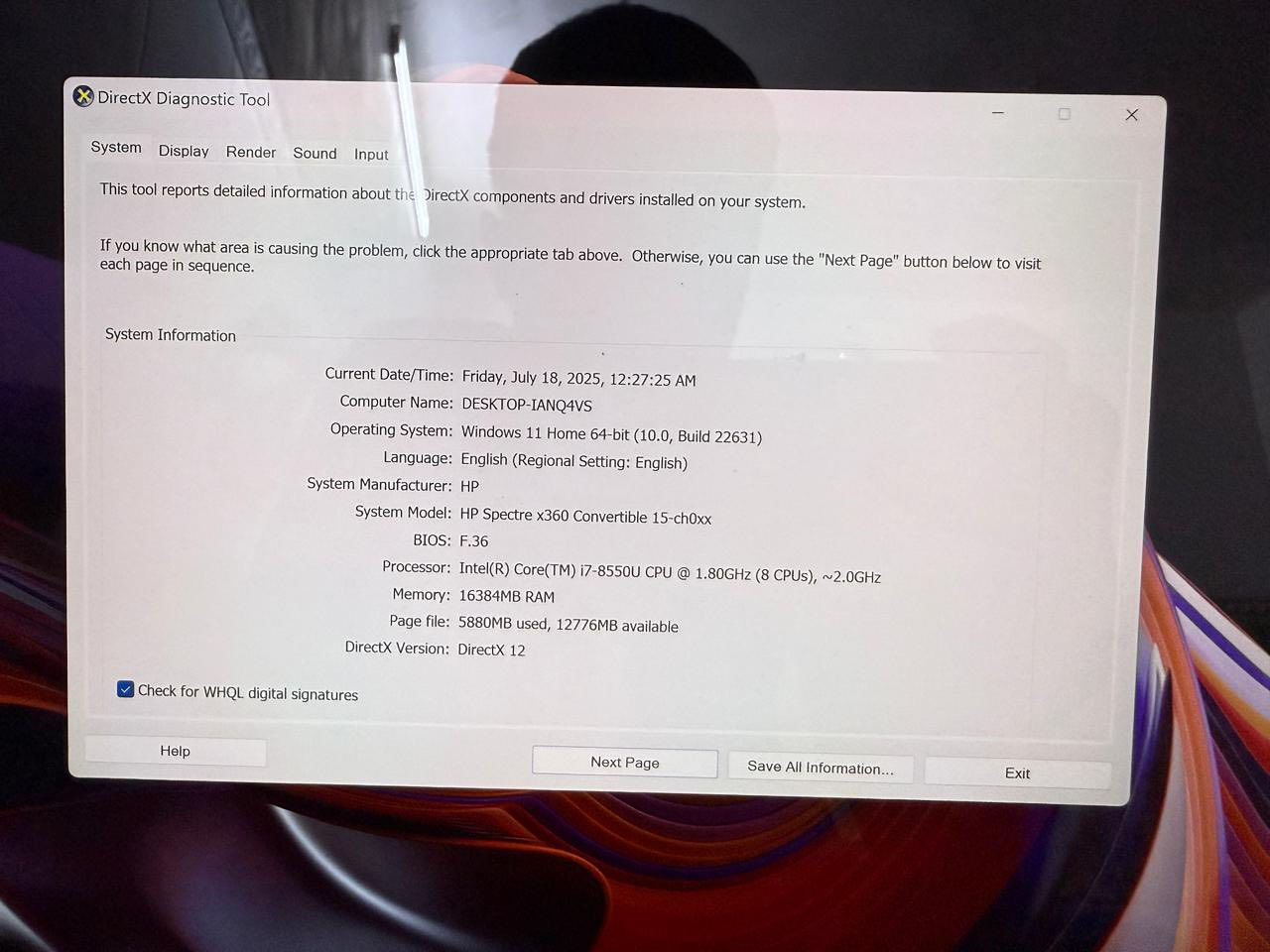 لابتوب HP Spectre x360 Convertible 15 بمعالج Intel Core i7-8550U بسرعة 1.8GHz (يصل تقريباً 2.0GHz) ويا رام 16GB ونظام Windows 11 Home 64-bit ويدعم DirectX 12 جهاز 2-in-1 قابل للتحويل

وبيها فيس ايدي وبصمه وهي شاشتها قلاب 360 درجه تتحول ***********
