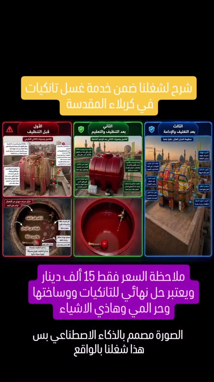 ملخص بسيط عن شغلنا الاحترافي في كربلاء المقدسة للتخص النهائي من مشكلة التانكيات. (شغلنا بمواد خاصة وتعقيم خاص مو اي مادة يصير ترا).
ونعمل تنظيف كافت انواع لسبالت ولمكيفات اي ستفسار خاص اولتصال علاالرقام *********** واتساب *********** #كربلاء_المقدسة #كربلاء_جنة_الله_في_الأرض #كربلاء_الحسين #كربلاء
ملخص بسيط عن شغلنا الاحترافي في كربلاء المقدسة للتخص النهائي من مشكلة التانكيات. (شغلنا بمواد خاصة وتعقيم خاص مو اي مادة يصير ترا).
