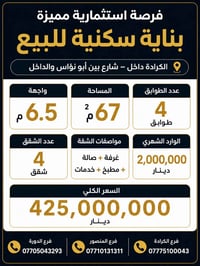 🏢 فرصة استثمارية مميزة في الكرادة داخل 🏢 📍 الموقع: الكرادة داخل – شارع...
