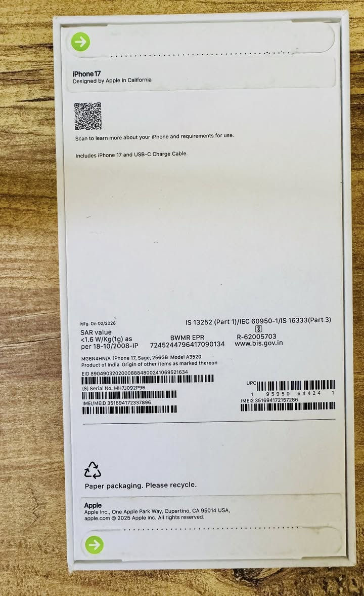 📱 للبيع iPhone 17 (موديل M) 📱
🔹 اللون: مرجي (Sage)
🔹 السعة: 256GB
🔹 الرام: 12GB
🔹 الشاشة: 120Hz
🔹 الموديل: M
🔹 الحالة: جديد 100% وما مفتوح من الكارتون نهائياً
🔹 ضمان سنة كاملة مع ورقة ضمان
🔹 الموقع: بغداد - حي الجهاد

💰 السعر جوة سوك: 1,600,000 دينار قابل للتفاوض للجاد

📞 اتصال / واتساب:
***********

الجهاز جديد ومختوم وغير مفعل، ويا ورقة ضمان سنة كاملة، والجاد يتواصل.
