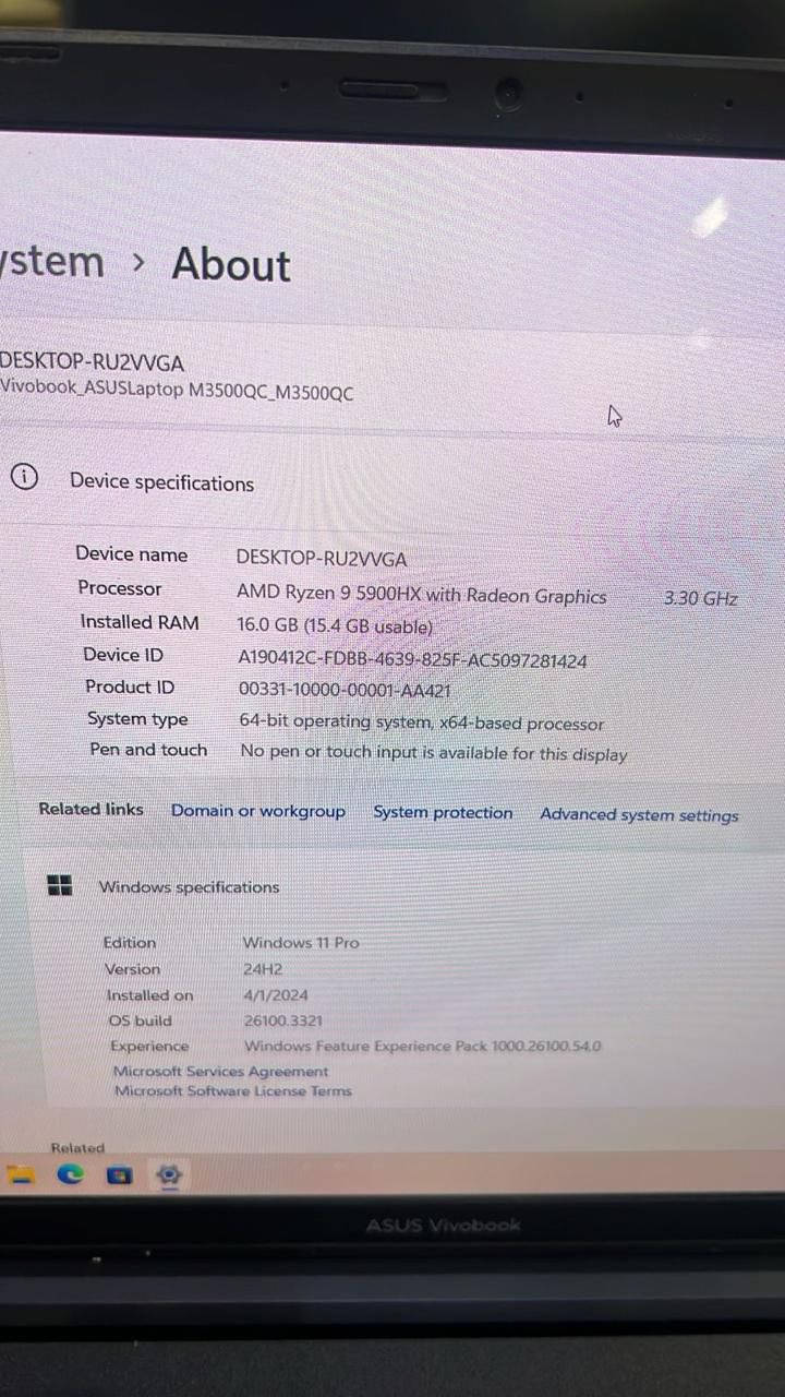 � للبيع لابتوب ASUS VivoBook بحالة نظيفة جداً 🔥
💻 الموديل: ASUS VivoBook M3500QC
⚡ المعالج: AMD Ryzen 9 5900HX بسرعة 3.30GHz
🧠 الرام: 16GB
🎮 كارت الشاشة: Radeon Graphics
🖥️ النظام: Windows 11 Pro 64bit
⌨️ كيبورد عربي + إنكليزي
✨ الجهاز نظيف جداً واستعمال خفيف

📌 مناسب للألعاب، التصميم، المونتاج، والبرامج الثقيلة
📌 أداء قوي وسريع جداً بدون مشاكل

📥 للاستفسار والسعر مراسلة خاص
📍الموقع: بغداد 
☎️ الرقم: ***********
