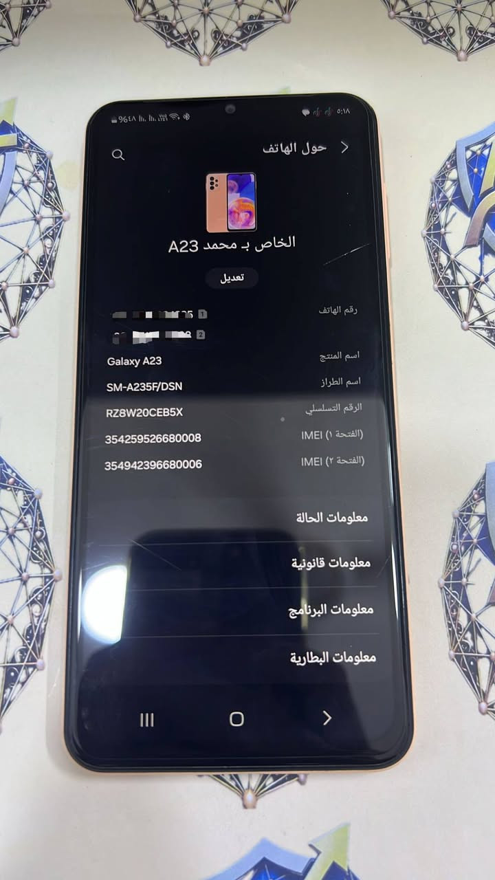 Galaxy A23
 بنظافة ممتازة ولون يخبل!​ الأناقة والأداء القوي بسعر مناسب جداً! متوفر الآن جهاز Samsung Galaxy A23 مستعمل بنظافة فائقة تصل إلى 95% (شبه جديد) 
 مثل ما موضح بالصور الواقعية للجهاز .
​⚠️ ملاحظة هامة: الجهاز بحالة الوكالة الأصلي تماماً ولم يدخل أي مركز صيانة أبداً (مكفول من التصليح والفتح).
​⚙️ مواصفات الجهاز بالتفصيل 
​💾 ذاكرة التخزين: 128 جيجابايت (تكفي لكل ملفاتك وألعابك) 
​⚡ الذاكرة العشوائية (RAM): 6 جيجابايت لأداء سريع وسلس في التنقل بين التطبيقات 
​🤖 النظام والواجهة: يعمل بأحدث نظام Android 14 مع واجهة سامسونج المميزة One UI 6.1 
​📸 الكاميرا: منظومة كاميرات رباعية خلفية ممتازة لالتقاط أجمل الصور واللحظات 
​🔋 البطارية: أداء بطارية ممتاز يدوم طويلاً مع ميزة العناية الذكية بالجهاز 
​🌐 شريحة الاتصال: يدعم تشغيل شريحتين (Dual SIM) 
​💰 السعر:
​جهاز بنظافة 95% ومواصفات ممتازة بسعر:
👉 [ 150 الف ] 
​🚚 خدمات التوصيل: الى جميع المحافظات التوصيل مجاني
​ اتصل على الرقم التالي: [***********] 📱واتساب
