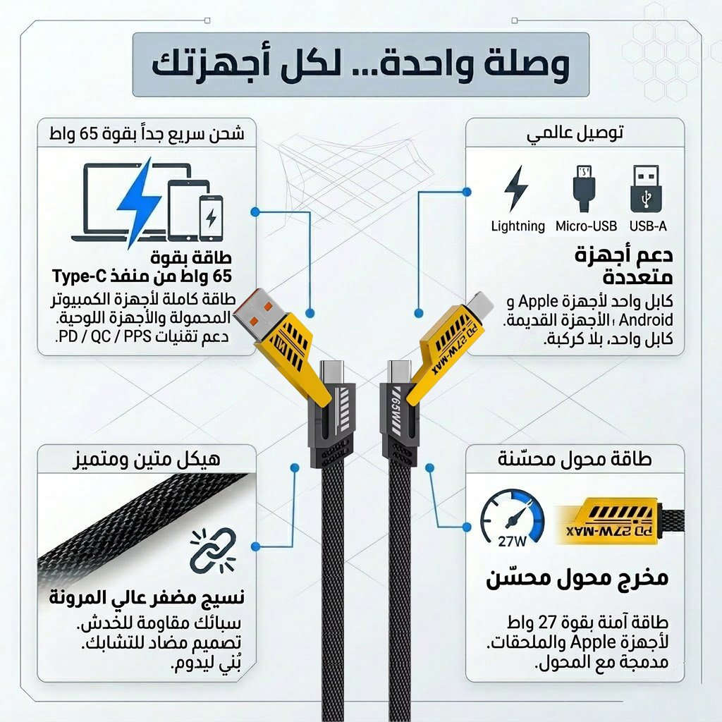 ودّع زحمة الكابلات! كابل واحد لكل أجهزتك في مكان واحد.
بتشيل معاك كذا كابل عشان تشحن الموبايل واللابتوب والسماعة؟ 🤯 لعبة الأسلاك خلصت!
جبنالك الكابل "الجوكر" اللي بيشحن كل أجهزتك بسرعة الصاروخ (65 واط) وبكفاءة عالية جداً. 🚀
✅ ليه هو الحل الأمثل ليك؟
متعدد الاستخدام: (Lightning, Type-C, Micro USB) في وصلة واحدة.
شحن فائق السرعة: يوفر عليك وقت الانتظار.
متانة وجودة: خامة نايلون مقاومة للقطع وأطراف زنك ألومنيوم قوية.
تصميم عملي: طول 1.2 متر مثالي للسيارة، المكتب، والسفر.
🔥 عرض لفترة محدودة: اطلبه دلوقتي بخصم 20% وريّح نفسك من دوشة الكابلات! شحن سريع، نقل بيانات بأمان، وتوافق تام مع أجهزة (iPhone, Samsung, Huawei, MacBook, Dell).
🚚 خدمة التوصيل متوفرة - والدفع عند الاستلام.


**إذا كنت صاحب هذا الإعلان وتريد حذفه لأي سبب، رجاءا أرسل رسالة إلى الدعم الفني**