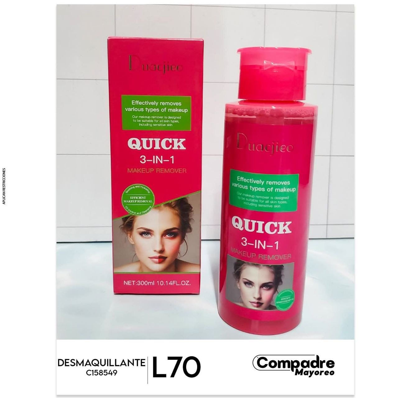 "Duacjieo Quick 3-IN-1 مزيل مكياج" هو مزيل مكياج مصمم لإزالة مختلف أنواع المكياج بشكل فعال، بما في ذلك المضاد للماء ويدوم طويلاً، بينما يرطب البشرة وتنظيفها. تم تركيبته لتكون مناسبة لجميع أنواع البشرة بما في ذلك الحساسة.
طريقة الاستخدام:
1. هز الحاوية:
إذا كان المنتج biphase (يحتوي على مرحلتين، مثل الماء والزيت)، فمن المهم هزّه لخلط المكونات بشكل جيد.
2. تطبيق على القطن:
صب كمية كافية من مزيل المكياج على قرص قطني.
3. يوضع على الجلد:
ضعي القطن على منطقة مزيل المكياج (العينين، الشفاه، الوجه) واحتفظي به لبضع ثوان ليعمل المنتج وينعم المكياج.
4. إزالة المكياج:
انزلق القطن بلطف لإزالة المكياج بحركات رقيقة.
5. التنظيف بعد ذلك (اختياري):
على الرغم من أن هذا المنتج يمكن أن ينظف، إلا أنه يُنصح بمتابعة تنظيف الوجه شامل لإزالة أي بقايا وتهيئة البشرة لبقية روتين العناية.
السعر ٨ الف


**إذا كنت صاحب هذا الإعلان وتريد حذفه لأي سبب، رجاءا أرسل رسالة إلى الدعم الفني**