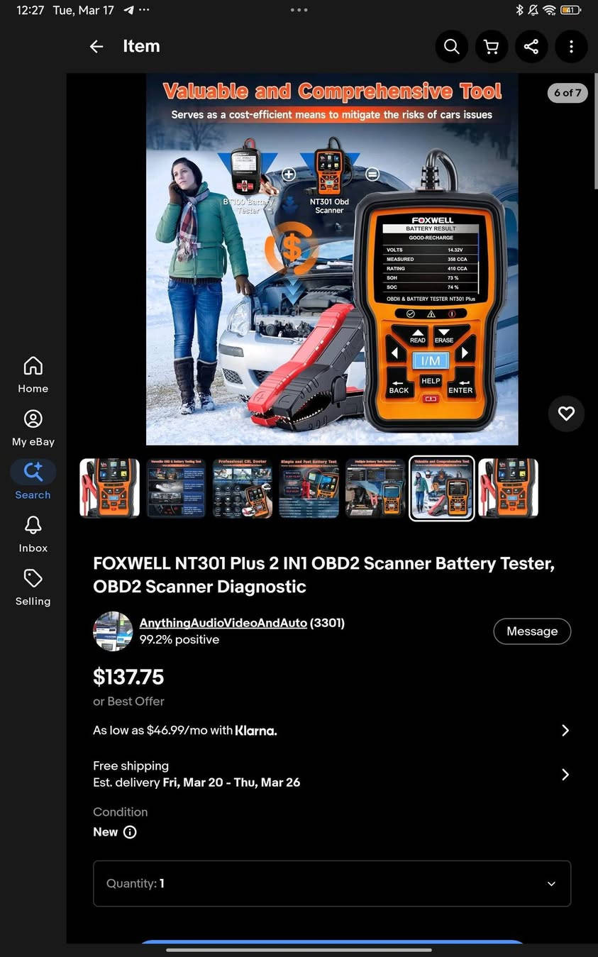 سلام عليكم جهاز FOXWELL الاصلي
للبيع جهاز جديد مع الحقيبة والكارتونة
الوظائف 
1_فحص اعطال المحرك لجميع انواع السيارات 
2_يحتوي على (Live Data) البينات الحية المحرك 
3_فحص حالة البطارية ومعرفة قوتها
4_شاشة ملونة سهلة الاستخدام
5_يعمل مباشرة من منفذ OBD2 بدون بطارية.

والسعر 60,000 وبي مجال 
ويوجد توصيل لجميع المحافظات


**إذا كنت صاحب هذا الإعلان وتريد حذفه لأي سبب، رجاءا أرسل رسالة إلى الدعم الفني**