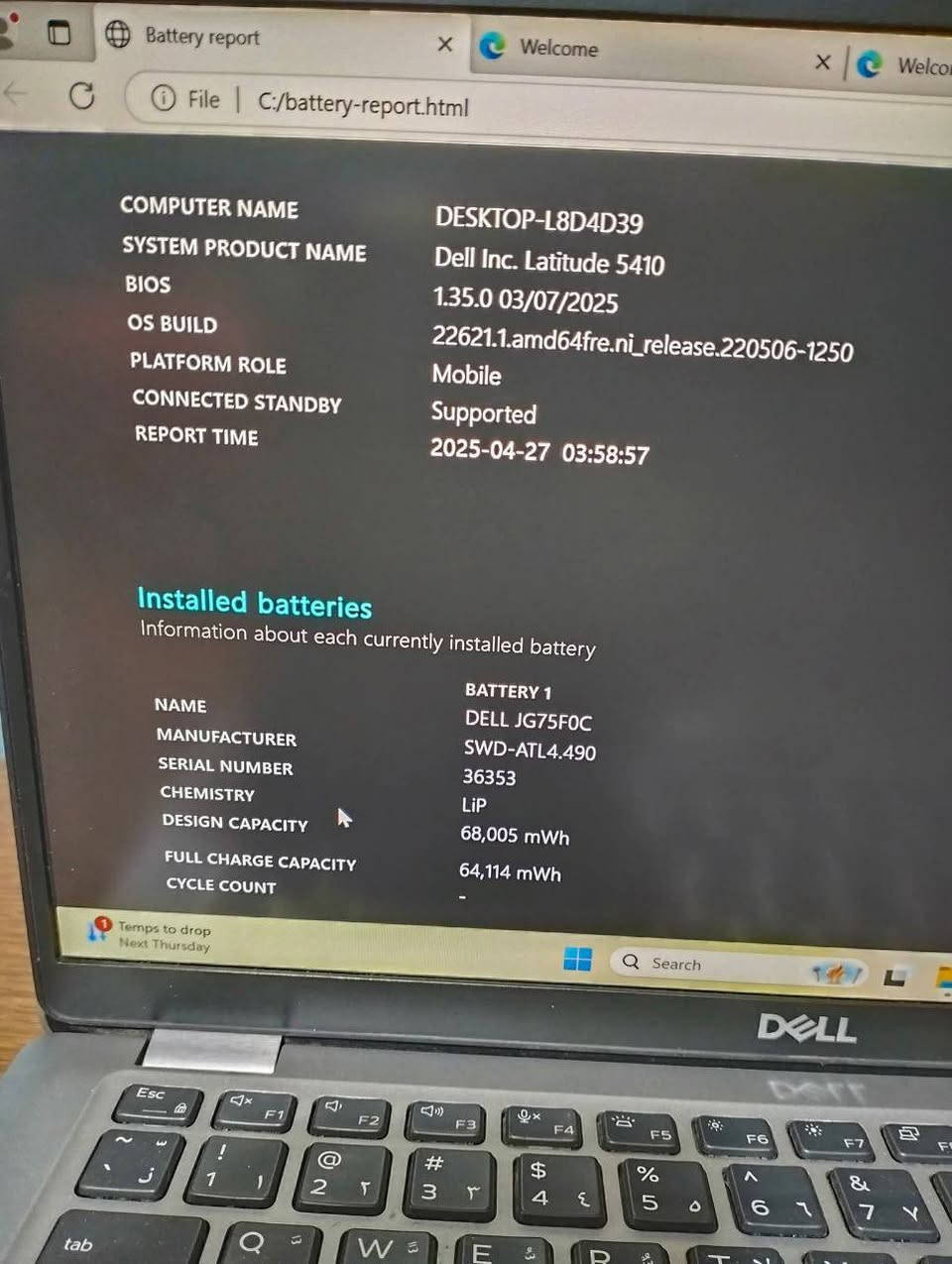💼 Dell Latitude 5410
لابتوب أعمال عملي من فئة Latitude، مناسب للشغل المكتبي والدراسة والاستخدام اليومي مع أداء مستقر واعتمادية عالية.

━━━━━━━━━━━━━━━━━━━━━━

🔵 المعالج
Intel Core i5-10210U
جيل عاشر

✅ 4 أنوية / 8 Threads
✅ أداء جيد للاستخدام اليومي وتعدد المهام

🔵 الذاكرة (RAM)
8GB DDR4

✅ مناسبة للشغل والدراسة
✅ قابلة للترقية

🔵 التخزين
256GB NVMe SSD

🚀 سرعة عالية في تشغيل النظام والبرامج
🚀 استجابة ممتازة أثناء الاستخدام

🔵 الشاشة
14 بوصة IPS Full HD
دقة 1920×1080

✅ ألوان واضحة وزوايا رؤية واسعة
✅ مناسبة للعمل والتنقل

🔵 كارت الشاشة
Intel UHD Graphics

✅ مناسب للاستخدام اليومي والتصفح وبرامج الأوفيس

🔵 البطارية
البطارية الأصلية
🔋 Health 94%

🔵 المميزات
📶 Wi-Fi 6
💼 تصميم عملي من فئة Latitude
⌨️ كيبورد مريح للاستخدام الطويل

🔵 النظام
Windows 11 أصلي
✅ يتفعل تلقائياً بمجرد الاتصال بالإنترنت

━━━━━━━━━━━━━━━━━━━━━━

💻 مناسب للشغل المكتبي
📚 الدراسة والجامعة
🌐 التصفح والاجتماعات أونلاين
👨‍💻 البرمجة الخفيفة
🎬 الاستخدام اليومي

━━━━━━━━━━━━━━━━━━━━━━

🛡️ ضمان شهر كامل
🔄 أسبوع استبدال
🚚 متاح الشحن لجميع المحافظات

🔥 Latitude 5410 يجمع بين الأداء المستقر والبطارية القوية 94% وWi-Fi 6 بسعر مميز 🔥


**إذا كنت صاحب هذا الإعلان وتريد حذفه لأي سبب، رجاءا أرسل رسالة إلى الدعم الفني**