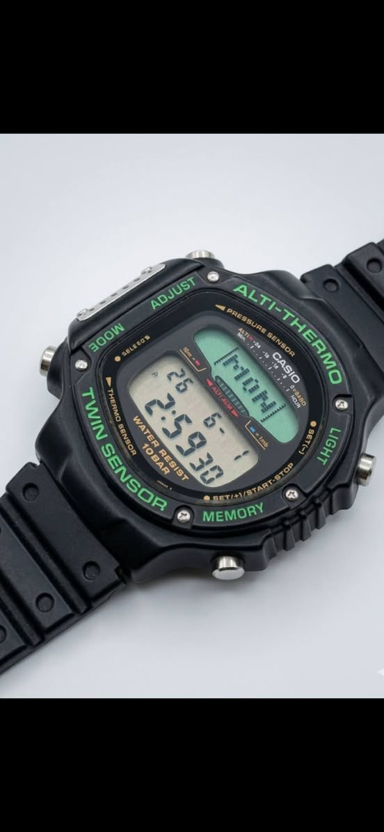 تحية طيبة .
#Cacio_ALT6000
#Alti_Thermo
#Twin_Sensor
#كاسيو
إنتاج ياباني Japan  قديم 1991 فينتج .
رقم الموديل ALT 6000 .
نوادر الساعات الكاسيو ذات المستشعر الثنائي
حيث تحتوي مستشعرين مدمجين الأول لقياس الارتفاع والضغط الجوي 
(Altimeter_Barometer) والثاني لقياس درجة الحرارة 
(Thermometer) وشاشة LCD مزدوجة الجزء السفلي مخصص لعرض الوقت والتاريخ الرقمي بينما الجزء العلوي عبارة عن شاشة مصفوفة نقطية (Dot Matrix)
ذات خلفية خضراء مخصصة لعرض الرسوم البيانية لتغيرات 
الارتفاع والضغط
ومقاومة للماء حتى عمق 100 متر 10 BAR مع وظائف اضافية  مثل تخزين مايصل 50 نقطة بيانات للأرتفاع والحرارة بالإضافة إلى ساعة ايقاف 
و (Chronograph) ومنبة وقت يومي مع اضاءة ميكروية للخلفية
لقراءة الوقت في الظلام .
القطر 48 ملم 
النظافة تامة 99/100 .
خدمة توصيل متوفرة لكل مكان .
التواصل خاص لطفا  .


**إذا كنت صاحب هذا الإعلان وتريد حذفه لأي سبب، رجاءا أرسل رسالة إلى الدعم الفني**