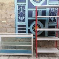 رف خشبي أبيض • فاترينة زجاج • رف حديد مخزني