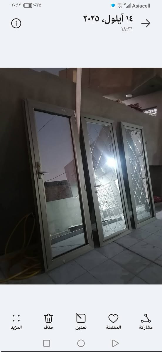 ابواب المنيوم ثقيل دبل جام سوينه الوحده 300 نبيع 150  القياس
 ( 214 * 88) علما الابواب مكانها نجف / كوفه


**إذا كنت صاحب هذا الإعلان وتريد حذفه لأي سبب، رجاءا أرسل رسالة إلى الدعم الفني**