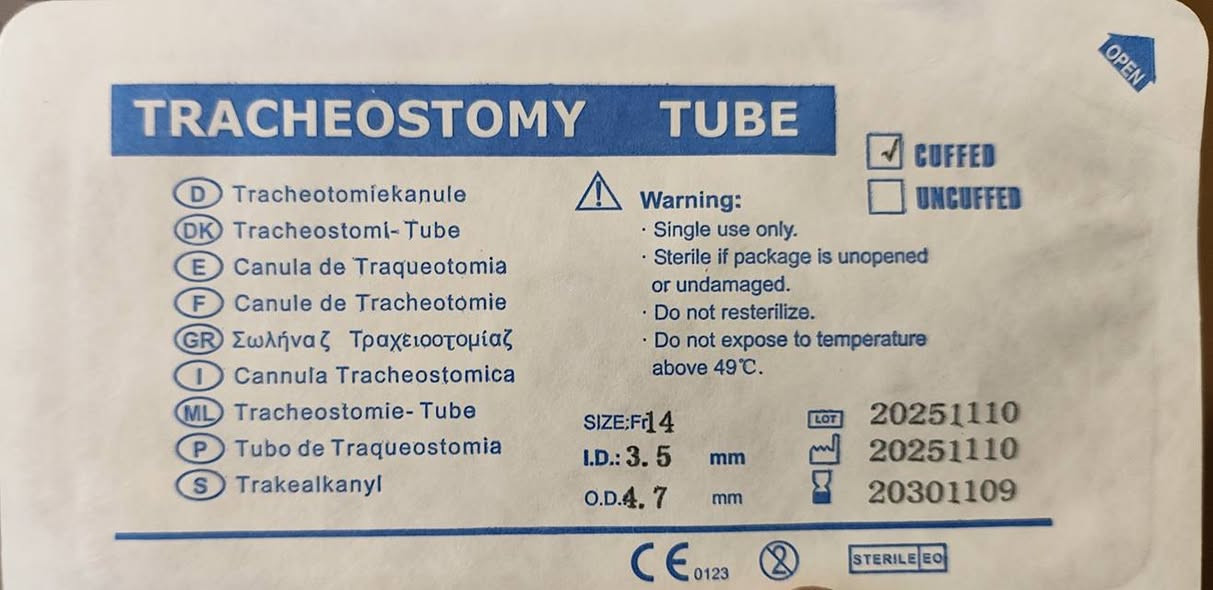 توفر تريكيوستومي PVC
احجام صغيرة
اكسباير 2030
بالون وبدون بالون

Cuffed tracheostomy tubes 
3.0
3.5
4.0
4.5
5.0
7.5
8.5
9.0

Uncuffed tracheostomy tubes 
3.0
4.0
8.0
9.0

للطلب واتساب ***********
توصيل لجميع المحافظات
