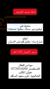 شقق عدد 2 للأيجار العنوان شارع 6  مقابل كلية طب الاسنان الايجار : 500 ...