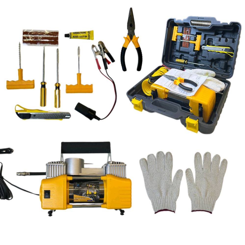 طقم تصليح إطارات ومنفاخ هواء 🔧🚗💨
السعر 45000 دينار فقط — والتوصيل مجاني
التواصل على الواتساب كتابيًا فقط
اشتري الآن قبل نفاد الكمية! ⚡🔥

إذا تحب تكون مطمئن بكل مشاويرك، فهذا الطقم راح يكون الرفيق المثالي بالطريق. عدة متكاملة للطوارئ، تجمع بين القوة والعملية، ومصممة حتى تتعامل ويّاك بأصعب المواقف بثقة واحتراف.

✨ شنو يوفرلك هالطقم؟

🔹 منفاخ هواء قوي جداً
منفاخ مزدوج الاسطوانة بقطر 30 ملم، يضخ هواء بسرعة عالية ويوصل لحد 150 PSI، يعني ينفخ الإطار بزمن قياسي حتى لو كنت بنص الطريق.

🔹 عدة أدوات كاملة ومجهزة
كلشي تحتاجه لإصلاح الإطار موجود بالحقيبة:
• 3 فوهات نفخ
• سكين
• 2 مفكات
• كماشة
• أداتين لتصليح الإطار
• أنبوب غراء
• 3 شرائط سد
• زوج قفازات حماية
يعني ما تبقى واقف تنتظر أحد، عندك كل الأدوات بإيدك!

🔹 عداد ضغط ميكانيكي دقيق
حتى تتأكد من مستوى ضغط الإطار بدون تخمين.

🔹 تصميم محمول وعملي
حجم مناسب يخليك تخليه بسيارتك بكل سهولة، وتكون جاهز لأي طارئ بأي وقت.

⚙️ المواصفات:
• الطاقة: 12 فولت
• الضغط الأقصى: 150 PSI
• الاستخدام: سيارات، دراجات، كرات، معدات قابلة للنفخ

💥 منتج عملي، قوي، ومثالي لكل سائق يحب يكون مُستعد.
اشتري الآن قبل نفاد الكمية! 🔥🚗💨