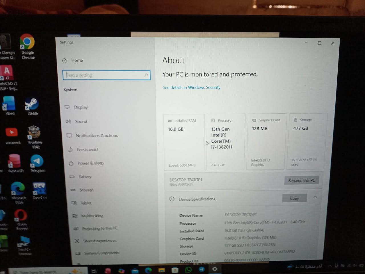 acer NITRO V15
13th Gen Intel Core i7-13620H

Intel UHD Graphics

الرام: 16GB DDR5 بسرعة 5600MHz

التخزين: 512GB SSD (ظاهر عندك 477GB usable) 

صارله شهرين عندي. و متسعمله اقل من ١٠ مرات بعدها كارتونته 

مستعجل ع بيعة و عندي توصيل 

***********

