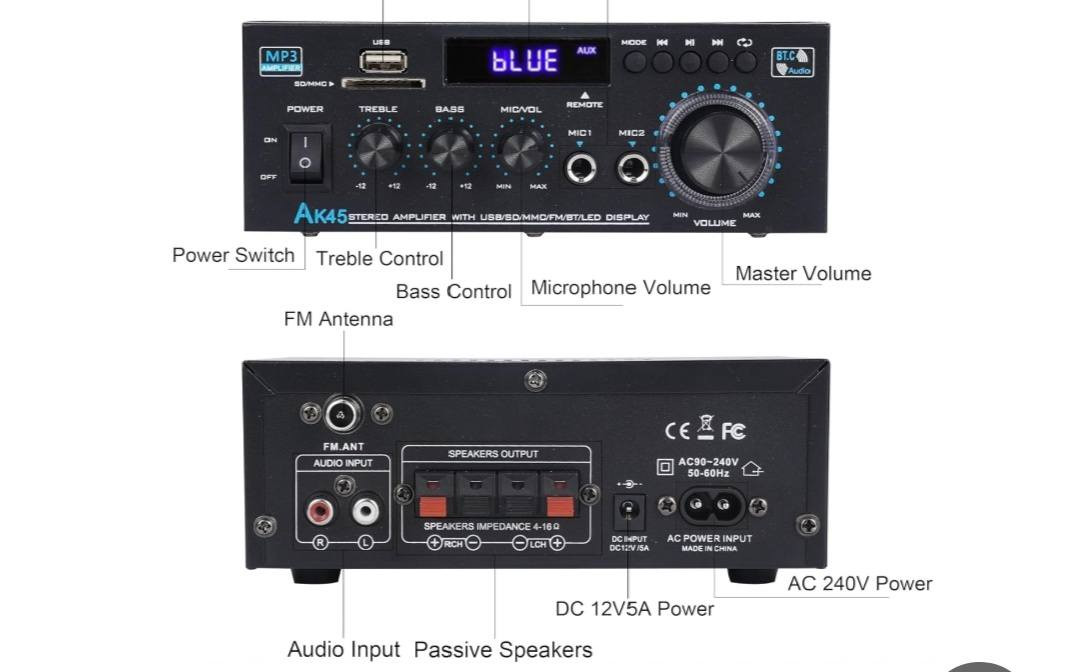 السلام عليكم جهاز للبيع مكاني بغداد الكماليه ماعندي توصيل  عالفحص ممستخدم بالكارتونه سعره 50 الف ***********
هذا المنتج هو مضخم صوت ستيريو Woopker AK45 (Stereo Amplifier).  

الطاقة: يوفر طاقة مصنفة 40 واط + 40 واط، مع أقصى طاقة إخراج تصل إلى 300 واط + 300 واط. 

الاتصال: يدعم تقنية Bluetooth 5.0 اللاسلكية، بالإضافة إلى مدخلات USB، وSD Card، وAUX. 

المميزات: يحتوي على مدخلين للميكروفون لاستخدامه في الكاريوكي، وشاشة LED، ووظيفة راديو FM. 

الاستخدام: مناسب لأنظمة الصوت المنزلية، والمسارح المنزلية، وصوت السيارات، ومتوافق مع السماعات السالبة (Passive Speakers) من 4-16 أوم.
