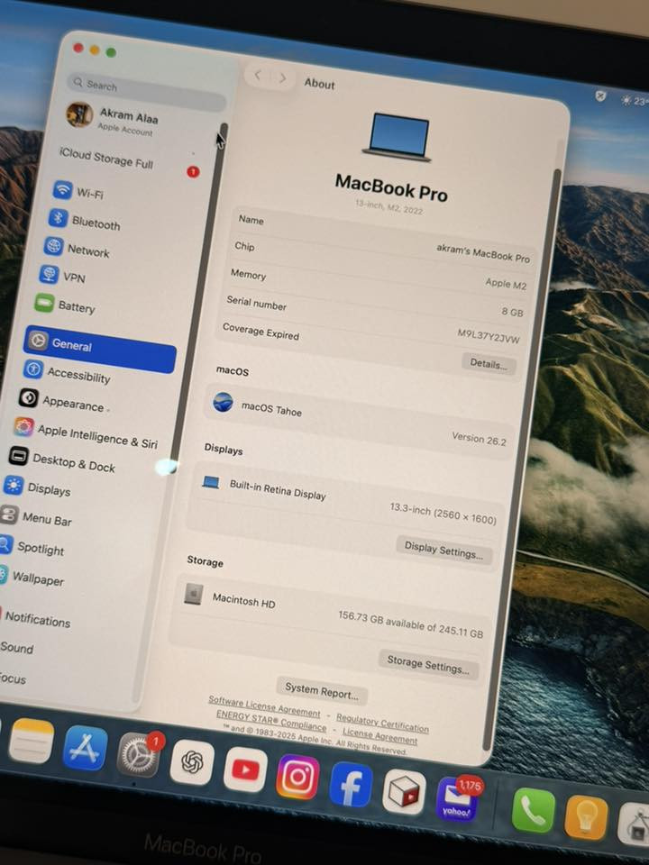 MacBook Pro m2 
موديل 2022  
باتري هيلك 100% مشحون 9 مرات فقط 
الجهاز جديد جديد جديد 
سعره 1200  
للتواصل ***********
