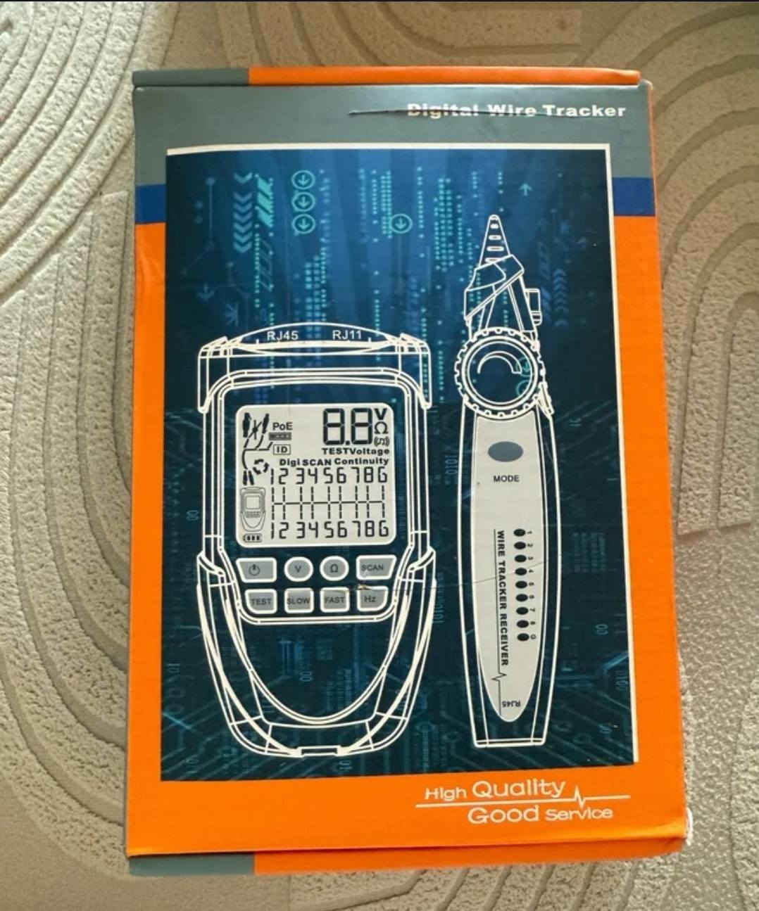 جهاز تتبع واختبار كابلات الشبكة الرقمي (Digital Wire Tracker)، وهو أداة متعددة الوظائف تُستخدم في فحص وصيانة شبكات الاتصالات والإنترنت. يُعرف هذا الموديل تحديداً بـ ET612 أو ET613، ويباع تحت علامات تجارية مختلفة مثل Aiment وProster. 
الوظائف والمميزات الأساسية
يتكون الجهاز من قطعتين (جهاز إرسال وجهاز استقبال) ويقدم مجموعة من الاختبارات الحيوية:
تتبع الكابلات (Wire Tracking): تحديد مسار الأسلاك والبحث عن الكابلات المطلوبة ضمن مجموعة كبيرة من الأسلاك، ويدعم أوضاع المسح الرقمي والتماثلي.
اختبار الاستمرارية (Continuity Test): التحقق من سلامة التوصيل داخل الكابل وكشف حالات الدائرة المفتوحة أو القصر.
اختبار PoE: تحديد دبابيس تزويد الطاقة وقياس الجهد في شبكات الطاقة عبر الإيثرنت (Power over Ethernet).
قياس الجهد: فحص جهد البطارية واختبار قطبية التيار المستمر (DC).
وميض المنفذ (Port Flashing): المساعدة في تحديد موقع منفذ الشبكة المقابل على السويتش من خلال وميض ضوء المنفذ. 
المواصفات الفنية
المنافذ المدعومة: RJ45 (للكابلات الشبكية) و RJ11 (لخطوط الهاتف).
الشاشة: مزود بشاشة LCD لعرض نتائج الاختبارات والرسوم البيانية لتخطيط الأسلاك بشكل مرئي.
ميزات إضافية: يحتوي جهاز الاستقبال على مصباح يدوي مدمج للعمل في الأماكن المظلمة، ومقبس لسماعات الأذن، وقرص لتعديل مستوى الحساسية.  

البيت الانكليزي للبضائع الاوربية 
العنوان / بابل .. الحلة .. نادر الثانية الشارع الخدمي كراغول مقابل مجمع المدارس 
يوميا بث الساعة السابعة مساءا انتظرونا بضائع منوعة وجوائز 
واتساب ***********
            ***********
https://www.tiktok.com/@ukhomeiraq?_r=1&_t=ZS-93RdXoWpEKF
