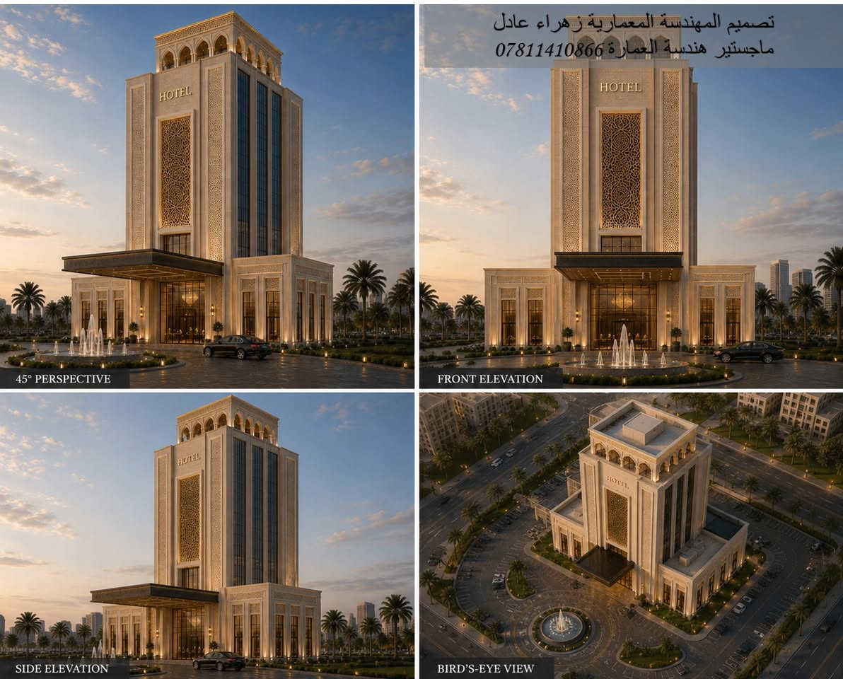 تصميم فندق فاخر مستوحى من العمارة العربية بروح معاصرة،
مستعدون لتصميم وتنفيذ مختلف المشاريع المعمارية السكنية ، الصحية ، والتجارية ... الخ 
"للاستفسار أو التعاون: 
 الاتصال على الرقم ***********
"نحن معكم في كل خطوة… من الفكرة إلى الواقع."
"Architectural Design & Supervision by
Eng. Zahraa Adel | المهندسة المعمارية زهراء عادل"
العنوان : محافظة الديوانية
