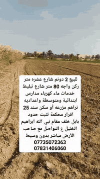 للبيع 2 دونم شارع تبليط 
أرض زراعية سند 25 
بابل خلف مقام نبي الله ابراهيم الخليل ع 
خدمات ماء كهرباء مدارس ابتدائية ومتوسطة واعداديه 
للتواصل مع صاحب الأرض مباشر بدون وسيط 
@للجميع
***********
***********

