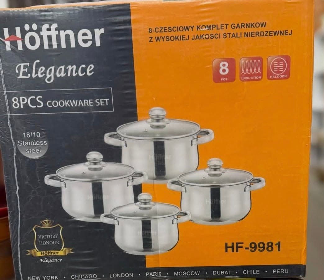 هذا طقم أواني طهي مكون من 4 قطع من ماركة "Höffner Elegance".الأواني مصنوعة من الفولاذ المقاوم للصدأ عالي الجودة (18/10).المجموعة متوافقة مع مواقد الحث (Induction) ومواقد الهالوجين.تتميز بتصميم أنيق ومقابض مريحة للاستخدام اليومي.
القياسات :- 
الصغير 18 سم 
الوسط الصغير 20 سم 
الوسط الكبير 22 سم 
الكبير 24 سم 
السعر 45
يتوفر توصيل لجميع المحافظات


**إذا كنت صاحب هذا الإعلان وتريد حذفه لأي سبب، رجاءا أرسل رسالة إلى الدعم الفني**