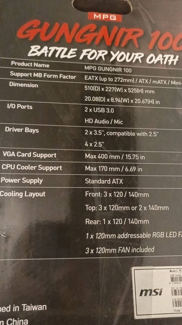سلام عليكم
كيس msi mpg gungnir 100 
مستخدم نضيف 
يجي بي ٤ فانات سرعة عالية وحده ارجي بي 
يجي بي منفذين usb 3.0 و منفذ صوت ودكمة تغير لون مراوح ويجي بي msi hub بي مكان ل ٨ مراوح 
يصير بي مبرد مائي ٣٦٠ ملم 
كيس ضخم يتحمل كرت شاشة 400 mm 
سعره ١٢٥ وبي مجال للطيبين


**إذا كنت صاحب هذا الإعلان وتريد حذفه لأي سبب، رجاءا أرسل رسالة إلى الدعم الفني**