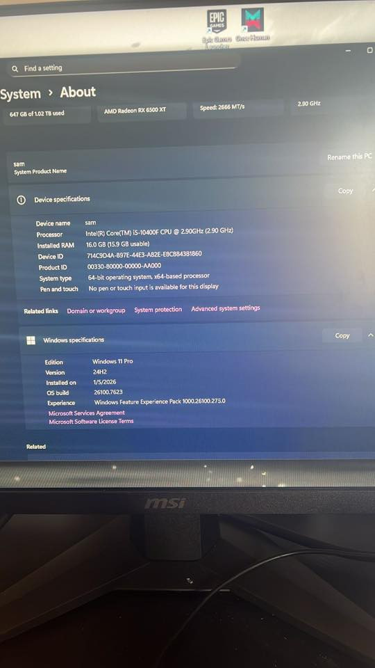 للبيع تجميعة ألعاب (Gaming PC) اقتصادية ومتزنة! 🎮🔥
الجهاز بحالة ممتازة ومثالي للألعاب التنافسية (مثل CS2 وPUBG) والألعاب الحديثة، وسريع جداً في الأداء بفضل وجود أقراص SSD.
المواصفات التقنية:
 المعالج (CPU): Intel Core i5-10400F (أداء قوي ومستقر).
 كرت الشاشة (GPU): AMD Radeon RX 6500 XT (ذاكرة 4GB).
 الذاكرة (RAM): 16GB (تضمن لك سلاسة في الألعاب وتعدد المهام).
 التخزين:
 قرص SSD (NVMe) فائق السرعة.
 قرص SSD (SATA).
 نظام التشغيل: Windows 11 Pro (أحدث نسخة 24H2).
الجهاز جاهز للاستخدام مباشرة، يعمل بكفاءة عالية ومنظم.
📍 الموقع: (صلاح الدين تكريت)

للمزيد من التفاصيل تواصل على الواتساب ***********
