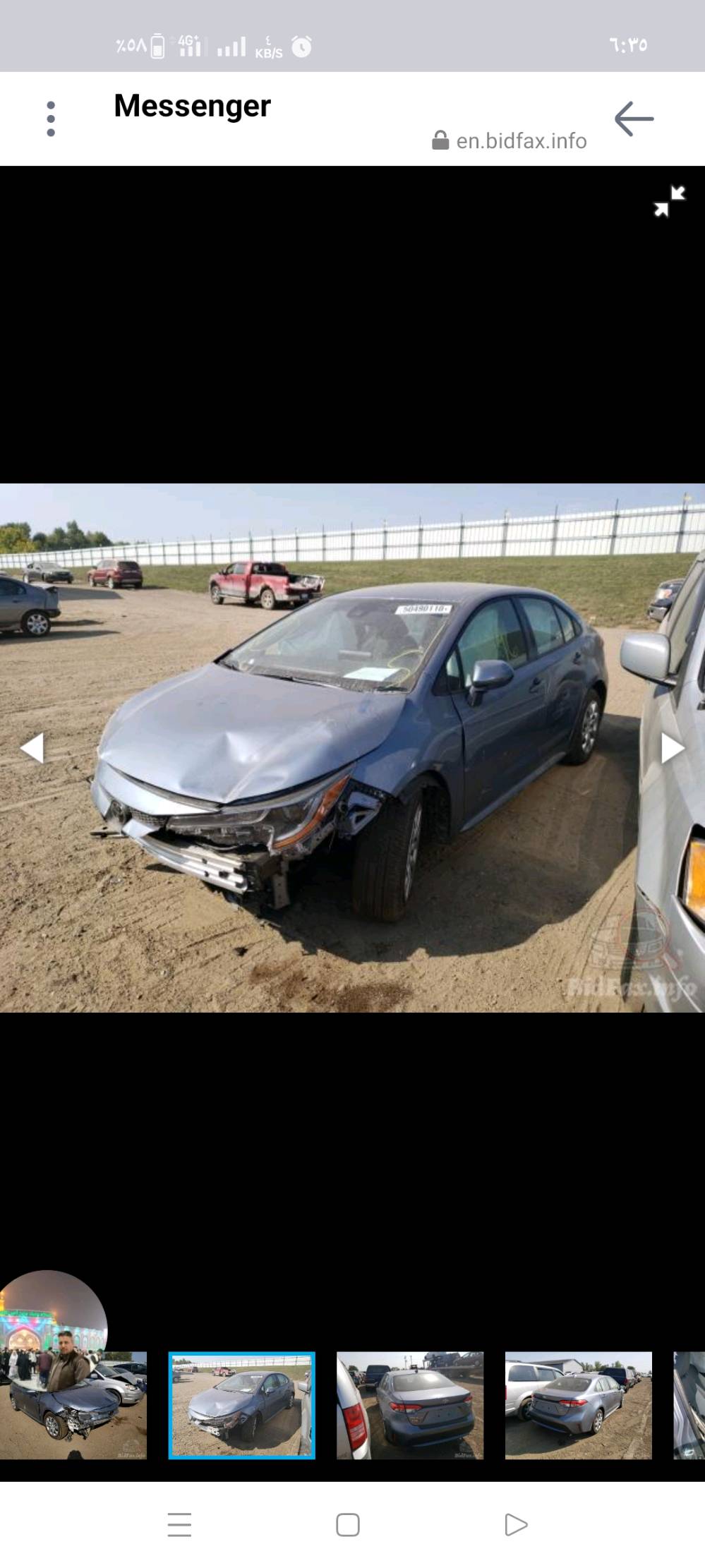 سيارة تويوتا كورولا موديل 2020 باللون الأزرق معروضة للبيع. السيارة بها ضرر في المقدمة الأمامية نتيجة حادث. المسافة المقطوعة موضحة في الصورة وهي 236,152 كم. السيارة تحتاج بعض الإصلاحات في الجهة الأمامية ولكن باقي أجزاء السيارة بشكل عام بحالة جيدة كما توضح الصور.