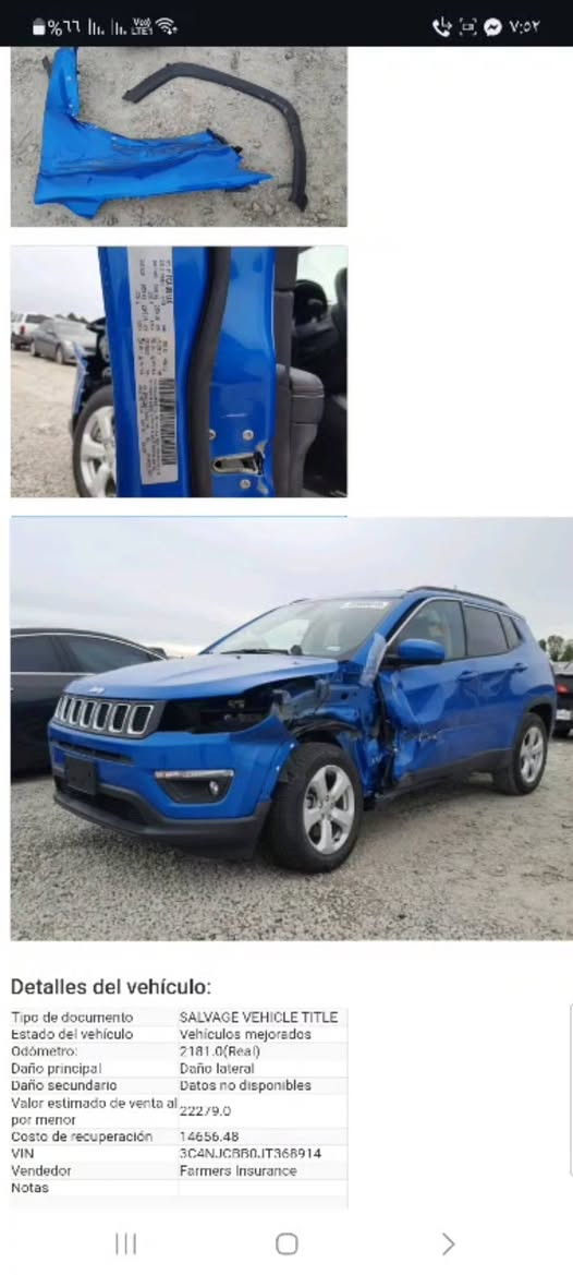 السلام عليكم سياره لبيع جيب كومباس 2018حادثه جاملغ فقط بدون داخل وبيه رشات صبغ فول مواصفات ماعده الفتحه كشنات جلد حساسات  وكامره خلفيه مكينه وكير وحداديه وتخم تاير جديد وكهربائيات كله شغاله سياره جاهزه للأخير 
السعر /96 ورقه 
الرقم/***********
