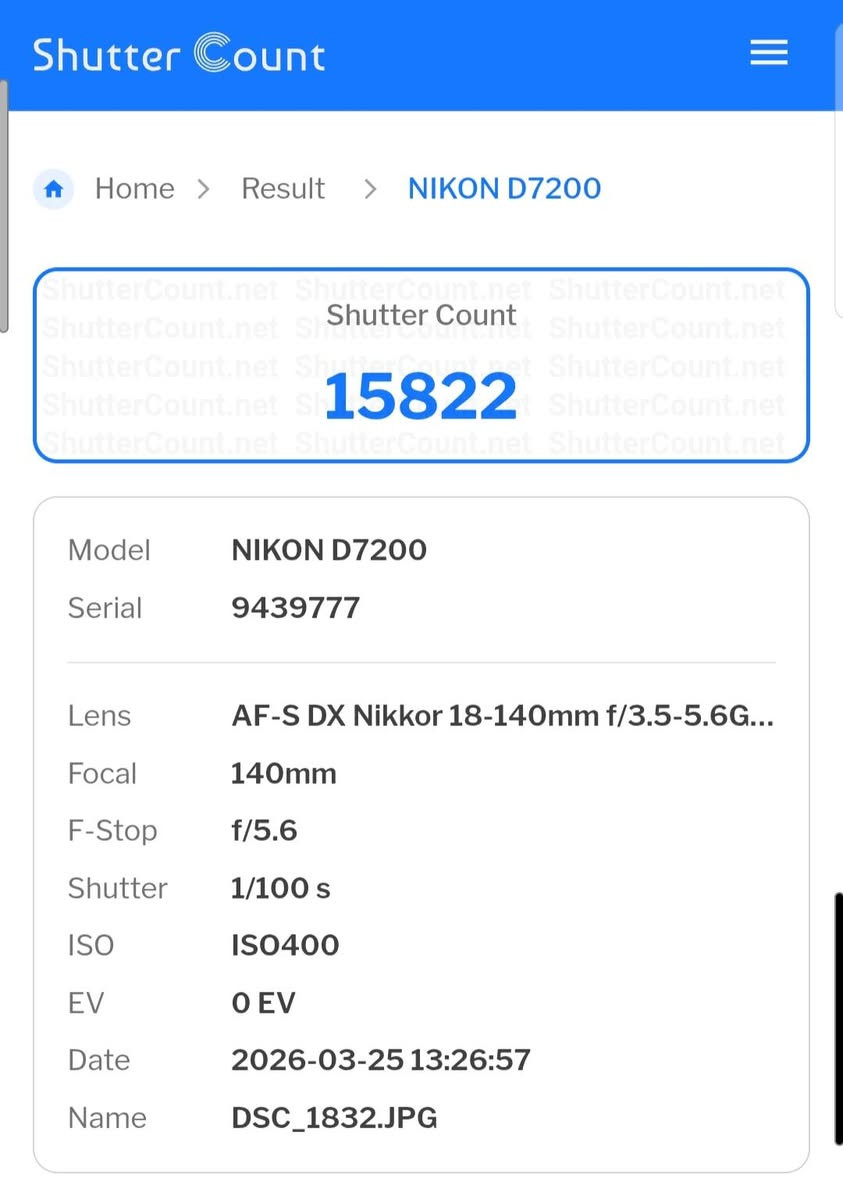 ٦١٥ ألف
شتر ١٦
نيكون ٧٢٠٠ ويا ١٨-١٤٠ نظافة %١٠٠ 
حزام و بطارية و شاحن أصلي و جنطة موجودة.


**إذا كنت صاحب هذا الإعلان وتريد حذفه لأي سبب، رجاءا أرسل رسالة إلى الدعم الفني**