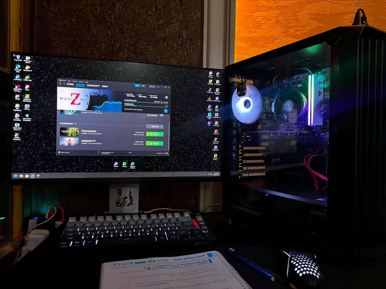السلام عليكم تجميعه كامله للبيع
مواصفات تجميعة 

الكرت الشاشه 3050 6g Gigabytes 
المعالج razen 5 4500 6 core
البورد ASUS Prime B450M-K
الرامات 16g 3600MT/s MASS COOL RGB
المساحة m.2 واحد تيرا 
المساحة HDD واحد تيرا
المساحة HDD 500 غيغا 
المجموع المساحة 2 تيرا ونص 
البور سبلاي 550w MASS
الكيس Systemtreff ST-501

شاشة TCL 24G54
تردد 100hz
نوع الشاشة mini-led
جودة الشاشه 1080p
حجم الشاشه 24

يو بي اس 1KV اونلاين 
شوكة Getx

السعر التجميعه كامل ٩٥٠ الف 
ويه يو بي اس والشاشه والكيس

رقم التواصل واتساب
***********
