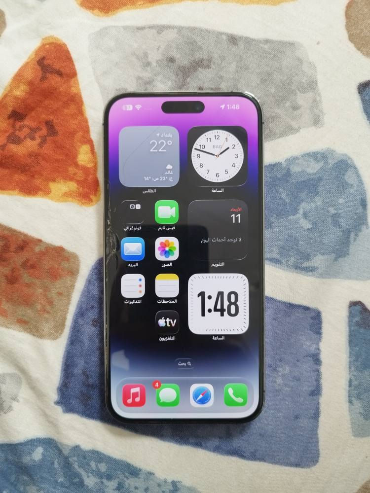 للبيع ايفون 14 برو ماكس ذاكره 256 اللون بنفسجي 
بطاريه 87٪ الجهاز كلش جديد بس ضهره مكسور 
للاستفسار *********** بغداد, العراق
