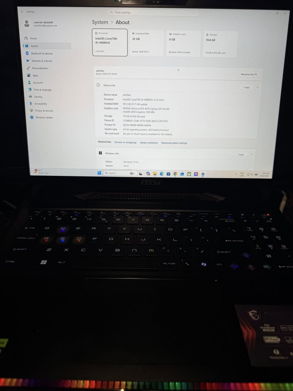 لابتوب MSI raider Ge68
Intel core i9 14900hx المعالج
RTX 4070 8GB كرت الشاشة
RAM 32 SK Hynix الرامات
Hard 1TB M.2 الهارد
monitor 144Hz FHD الشاشة
 مستخدم لمده ست اشهر نضيف جدا 
رقمي للتواصل ***********
