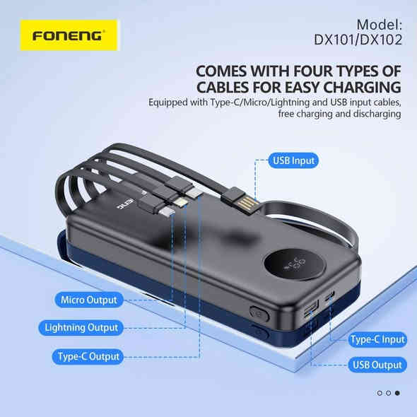 ئەم پاوەر بانکە 20000mAh بۆ کارکردن و دەرچوون و گەشتکردن بە شێوەیەکی پراکتیکی کاردەکات. 🔋 تایبەتمەندی 4 کێبڵی ناوەکی هەیە کە ئامادەن بۆ بەکارهێنان، هەرجارەیەک کێشەی گەڕان بەدوای کێبڵێکدا نامێنێت. ✔ توانای گەورە ڕێگە بە چەندین بارگاویکردنەوە دەدات. ✔ 4 کێبڵی ناوەکی بۆ ئامێرە جۆراوجۆرەکان. ✔ شاشەی دیجیتاڵی ڕێژەی شەحنکردنەوە پیشان دەدات. ✔ دوو دەرچەی USB بۆ شەحنکردنەوەی دوو ئامێر لە یەک کاتدا. ✔ دیزاینێکی بەهێز و تاڕادەیەک سووکە بۆ بەکارهێنانی ڕۆژانە. بۆ بینینی وێنەی زیاتر یان وردەکاری زیاتر، تکایە نامە بنێرن.

بۆ نرخ نامەی بنیرە 
ژ.م:: *********** لە وسئاپ نامەی بنیرە
گەیاندەن بۆ کوردستان و عیراق هەیە طوز
